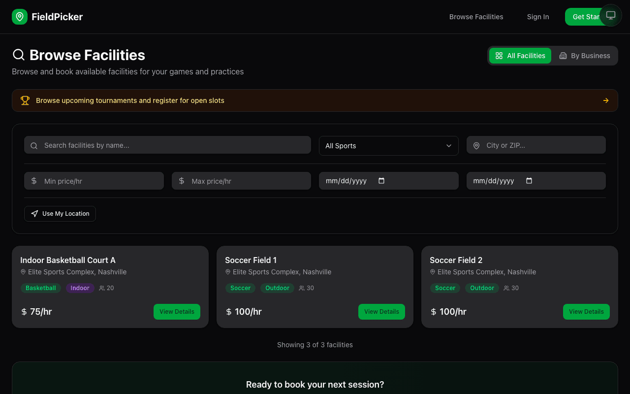 GameSpace browse facilities page showing search filters and available fields